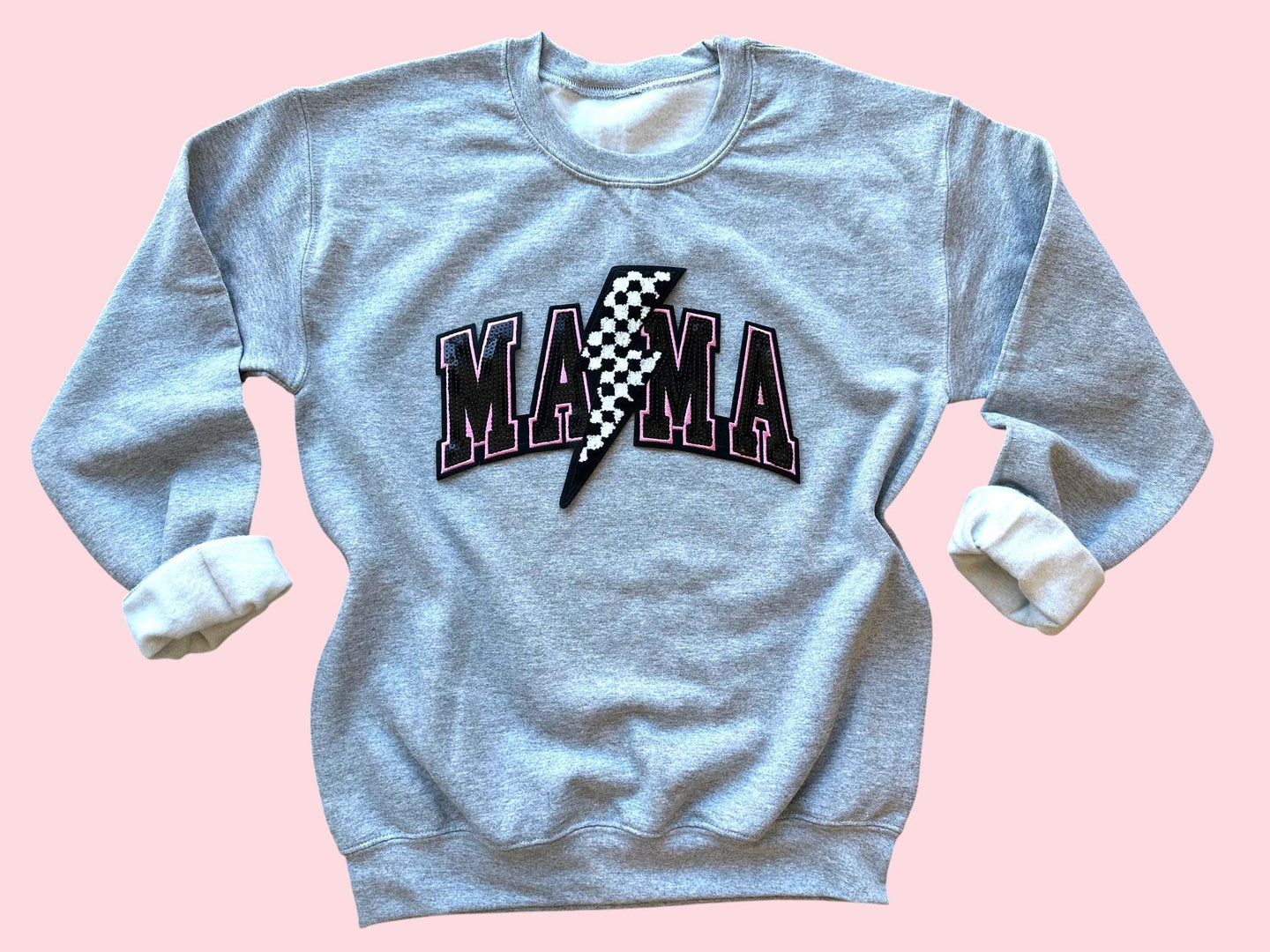 Mama Checkered Lightning Bolt Chenille Sequin Patch